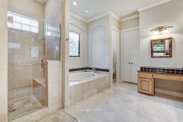 25 Meadows End Dr, Georgetown, TX 78628 - bathroom with a bath, healthy amount of natural light, a stall shower, ornamental molding, and vanity