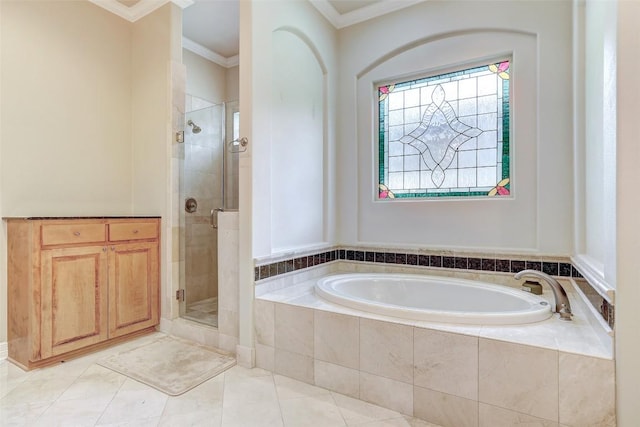 25 Meadows End Dr, Georgetown, TX 78628 - bathroom with a garden tub, a stall shower, and crown molding