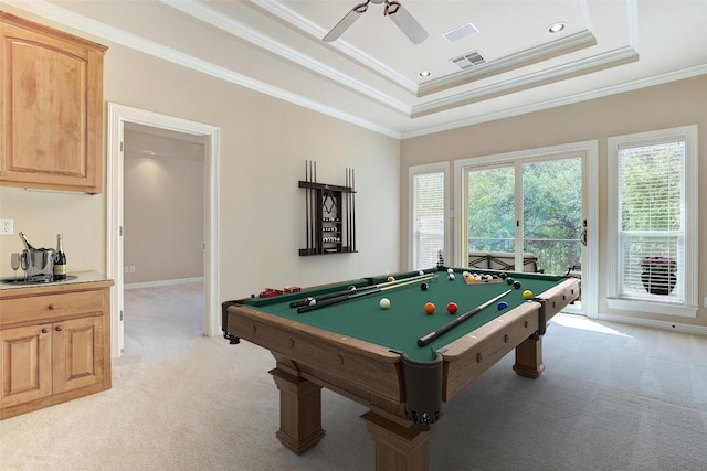 25 Meadows End Dr, Georgetown, TX 78628 - game room featuring light carpet, ceiling fan, billiards table, ornamental molding, and a raised ceiling