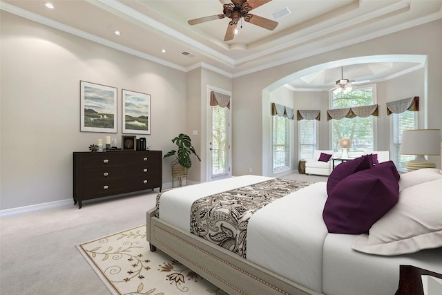 25 Meadows End Dr, Georgetown, TX 78628 - bedroom with a tray ceiling, carpet, arched walkways, crown molding, and recessed lighting