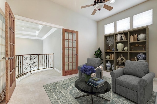 25 Meadows End Dr, Georgetown, TX 78628 - sitting room with carpet flooring, crown molding, a ceiling fan, and french doors