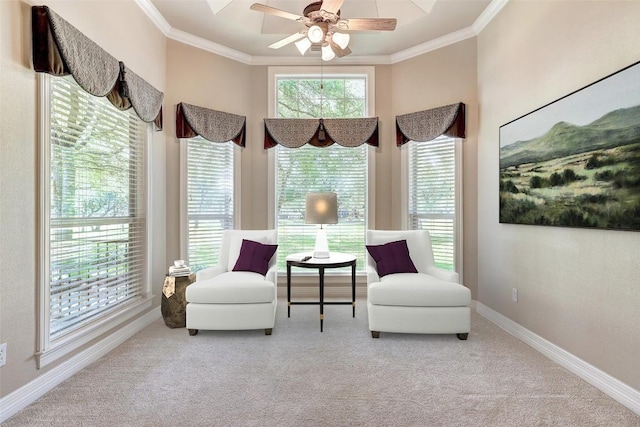 25 Meadows End Dr, Georgetown, TX 78628 - living area with ornamental molding, carpet floors, and ceiling fan