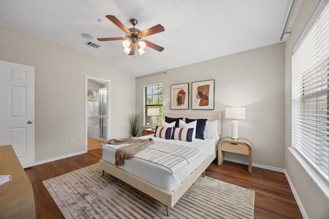 14815 Avery Ranch Blvd Unit 3301, Austin, TX 78717 - bedroom featuring wood finished floors, vaulted ceiling, a ceiling fan, and connected bathroom