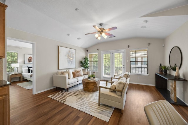 14815 Avery Ranch Blvd Unit 3301, Austin, TX 78717 - living area featuring dark wood-style flooring, a ceiling fan, lofted ceiling, and a fireplace