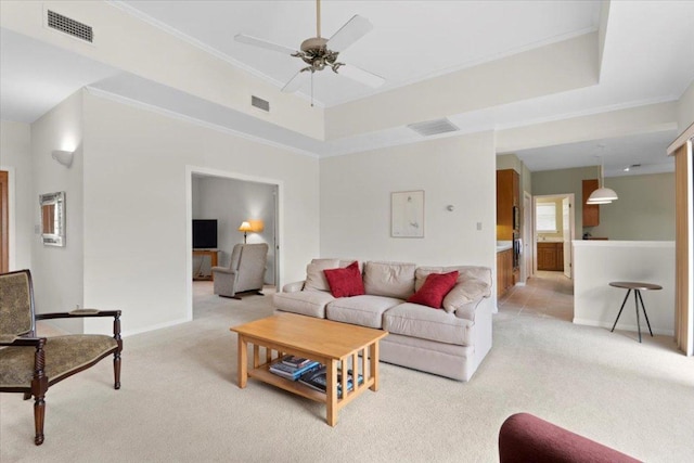 124 Hurst Creek Rd, Austin, TX 78734 - living area featuring light colored carpet, a ceiling fan, and crown molding