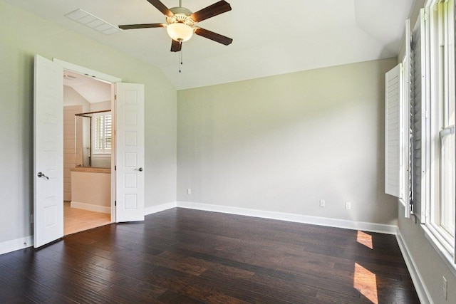 3213 Venezia Vw, Leander, TX 78641 - unfurnished bedroom featuring lofted ceiling, wood finished floors, ceiling fan, and ensuite bathroom