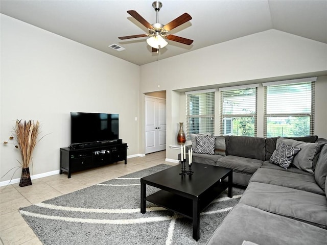 4811 Portillo Way, Pflugerville, TX 78660 - tiled living room with ceiling fan and vaulted ceiling