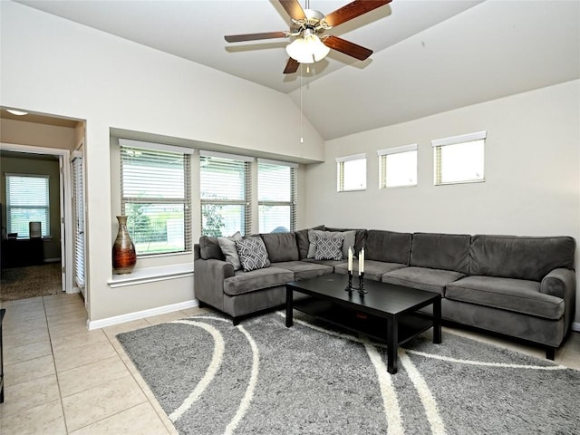 4811 Portillo Way, Pflugerville, TX 78660 - living area featuring lofted ceiling, a ceiling fan, and light tile patterned floors