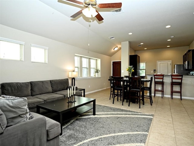 4811 Portillo Way, Pflugerville, TX 78660 - living room featuring ceiling fan, light tile patterned flooring, recessed lighting, and vaulted ceiling