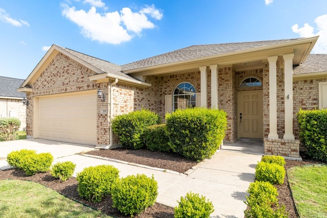 325 Swenson Dr, Hutto, TX 78634 - view of front of property featuring a garage, brick siding, driveway, and roof with shingles