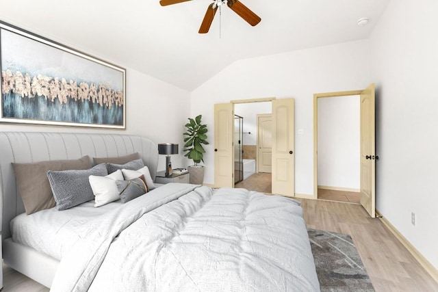 325 Swenson Dr, Hutto, TX 78634 - bedroom featuring light wood-style floors, vaulted ceiling, and ceiling fan