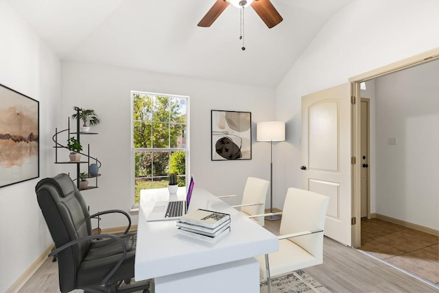 325 Swenson Dr, Hutto, TX 78634 - office with lofted ceiling, ceiling fan, and light wood finished floors