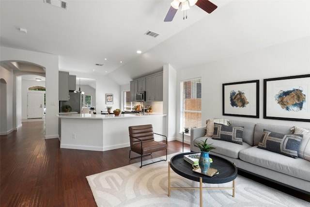 4608 Hibiscus Valley Dr, Austin, TX 78739 - living area featuring arched walkways, a ceiling fan, vaulted ceiling, and wood finished floors