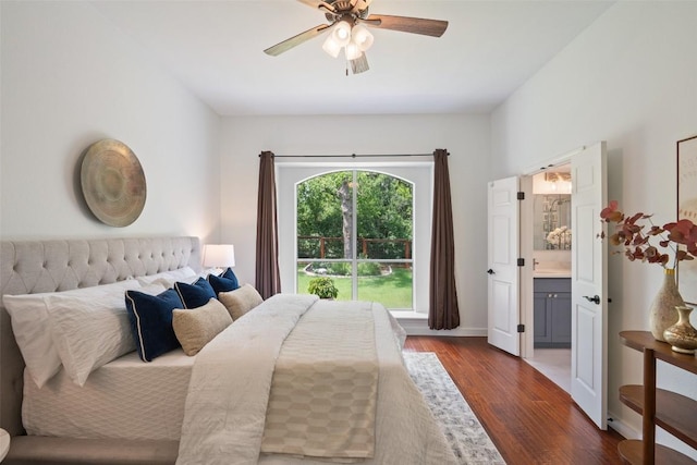 4608 Hibiscus Valley Dr, Austin, TX 78739 - bedroom with dark wood-type flooring, connected bathroom, and ceiling fan
