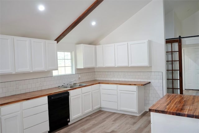 545 W Vaughan St, Bertram, TX 78605 - kitchen with wooden counters, dishwasher, tasteful backsplash, light wood-style flooring, and recessed lighting
