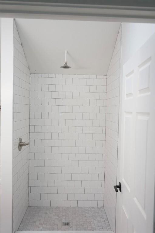 545 W Vaughan St, Bertram, TX 78605 - full bathroom featuring lofted ceiling and a shower stall