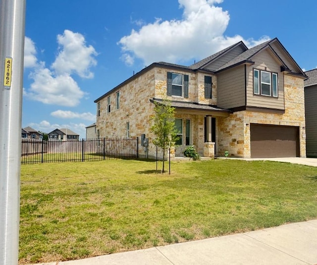 12637 Orchard Grove Ln, Manor, TX 78653 - view of front of house with stone siding, an attached garage, and concrete driveway