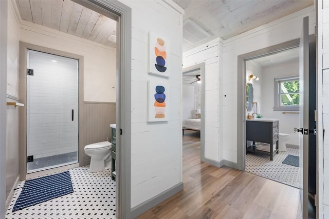 1211 S Church St, Georgetown, TX 78626 - full bathroom featuring vanity, a stall shower, wood finished floors, ensuite bathroom, and wood ceiling