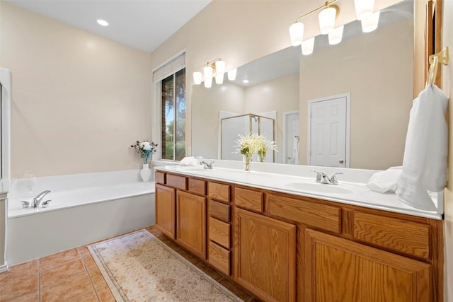 9920 Michelle Hl, Garden Ridge, TX 78266 - bathroom with double vanity, a garden tub, a stall shower, and tile patterned floors