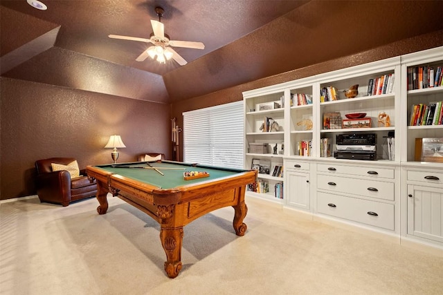 9920 Michelle Hl, Garden Ridge, TX 78266 - rec room with a textured wall, light colored carpet, a ceiling fan, billiards, and a textured ceiling