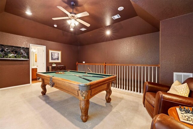 9920 Michelle Hl, Garden Ridge, TX 78266 - game room with a textured wall, ceiling fan, light colored carpet, lofted ceiling, and billiards table