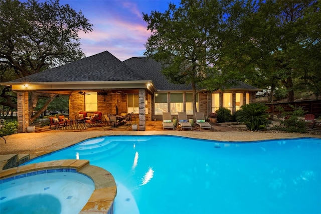 9920 Michelle Hl, Garden Ridge, TX 78266 - view of pool featuring ceiling fan, a pool with connected hot tub, a patio, and a gazebo