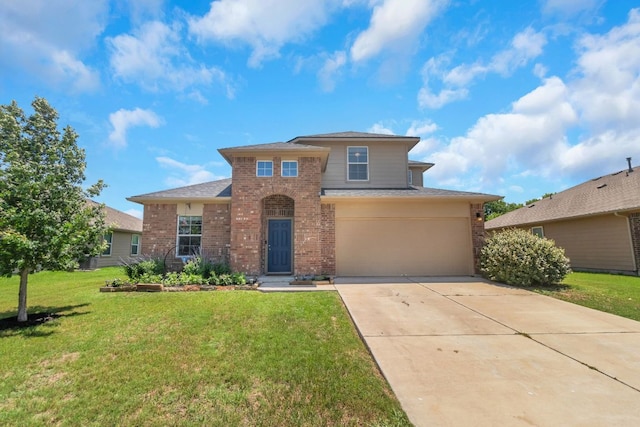 603 Luna Vista Dr, Hutto, TX 78634 - traditional-style home featuring brick siding, a garage, driveway, and a front yard