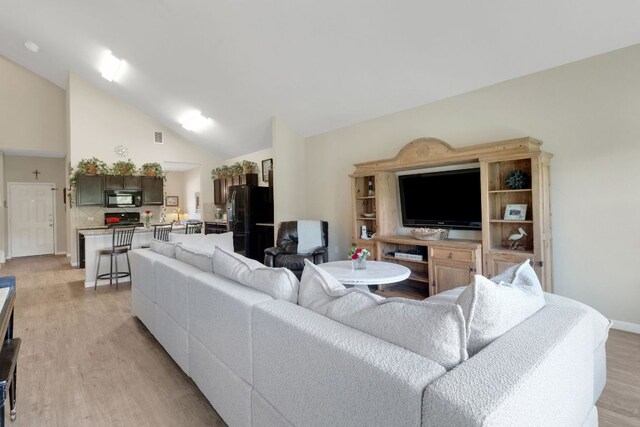 603 Luna Vista Dr, Hutto, TX 78634 - living area featuring light wood finished floors and high vaulted ceiling