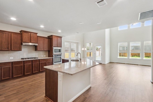 20025 Rhiannon Ln, Pflugerville, TX 78660 - kitchen with appliances with stainless steel finishes, healthy amount of natural light, under cabinet range hood, wood finished floors, and recessed lighting