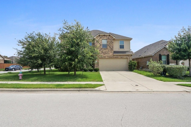 20025 Rhiannon Ln, Pflugerville, TX 78660 - traditional-style house with concrete driveway, an attached garage, a front lawn, brick siding, and stone siding