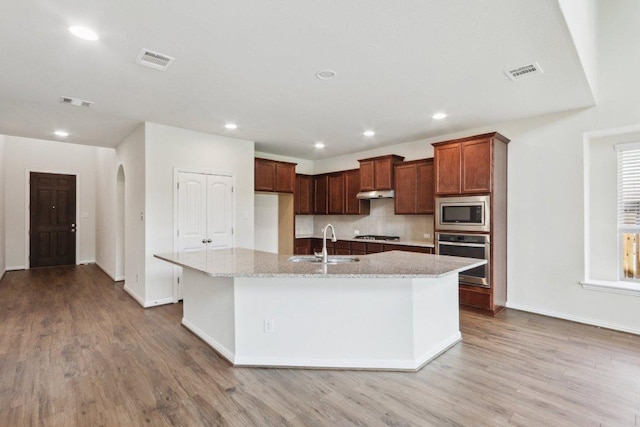 20025 Rhiannon Ln, Pflugerville, TX 78660 - kitchen with appliances with stainless steel finishes, light wood-style floors, under cabinet range hood, a large island, and recessed lighting