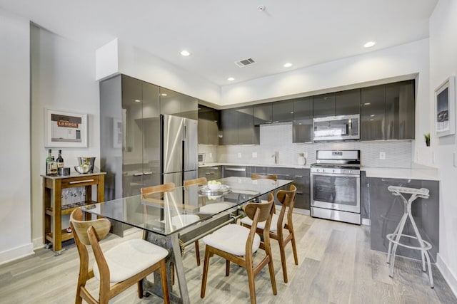 1800 E 4th St Unit 263, Austin, TX 78702 - kitchen with appliances with stainless steel finishes, modern cabinets, gray cabinetry, light wood-style flooring, and backsplash