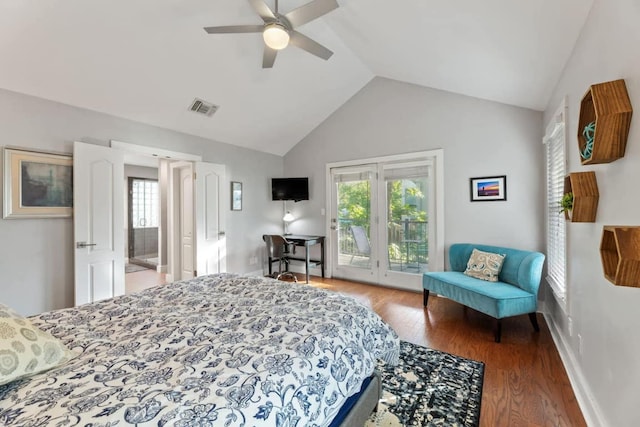 611 W Johanna St, Austin, TX 78704 - bedroom featuring access to exterior, lofted ceiling, multiple windows, wood finished floors, and ceiling fan