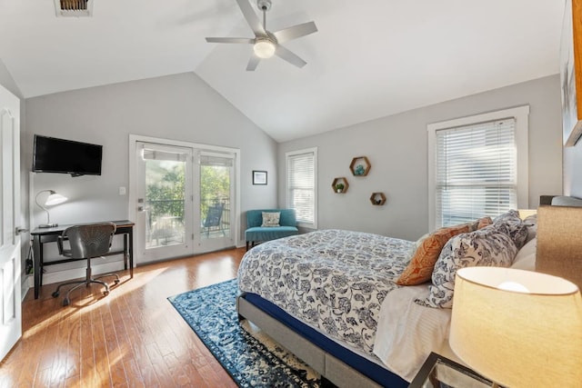611 W Johanna St, Austin, TX 78704 - bedroom with access to outside, vaulted ceiling, wood-type flooring, and ceiling fan