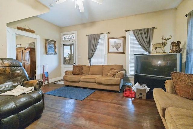 203 Grover St, Ellinger, TX 78938 - living room with wood finished floors and a ceiling fan