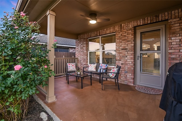 18708 Moreto Loop, Pflugerville, TX 78660 - porch featuring ceiling fan, grilling area, and an outdoor hangout area