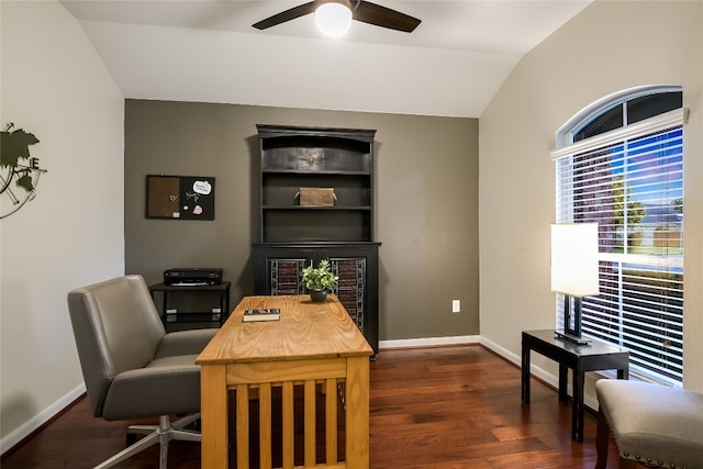 18708 Moreto Loop, Pflugerville, TX 78660 - office area featuring dark wood-type flooring, a ceiling fan, and vaulted ceiling