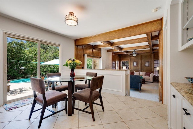 9410 Topridge Dr, Austin, TX 78750 - dining room featuring coffered ceiling, light tile patterned floors, beamed ceiling, and ceiling fan