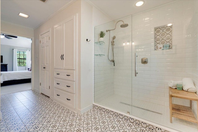 9410 Topridge Dr, Austin, TX 78750 - full bathroom featuring tiled shower, connected bathroom, ornamental molding, a ceiling fan, and recessed lighting
