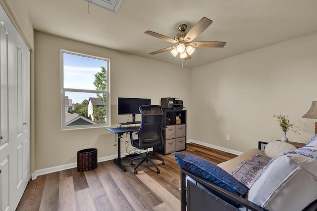 201 Trestle Tree, San Marcos, TX 78666 - office area with attic access, wood finished floors, and ceiling fan