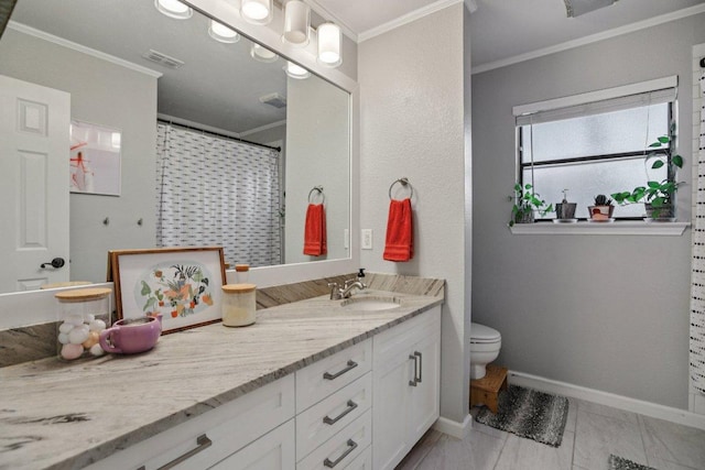 9100 Bill Hickcock Pass, Austin, TX 78748 - full bathroom featuring ornamental molding, vanity, and a shower with shower curtain