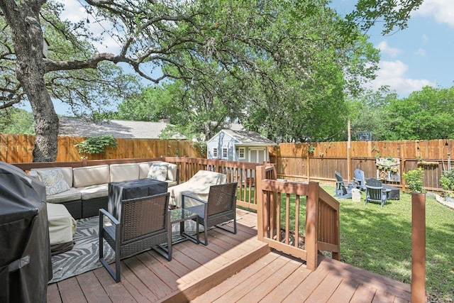 9100 Bill Hickcock Pass, Austin, TX 78748 - wooden deck with an outdoor living space with a fire pit, a fenced backyard, and an outbuilding
