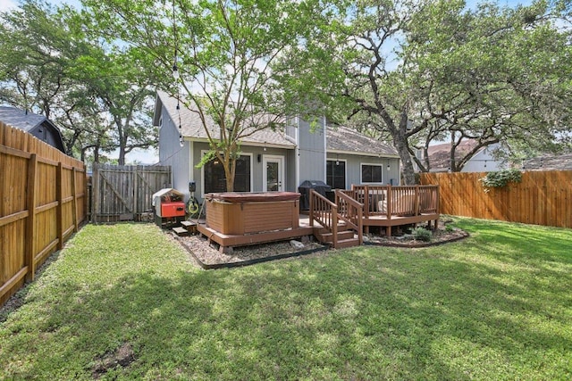 9100 Bill Hickcock Pass, Austin, TX 78748 - rear view of house with a hot tub, a fenced backyard, a deck, and a shingled roof