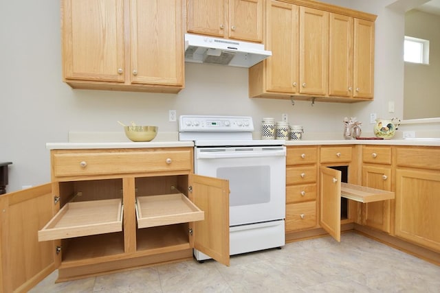 101 Ranch House Cv, Georgetown, TX 78633 - kitchen featuring under cabinet range hood, white electric range, light countertops, and light brown cabinets