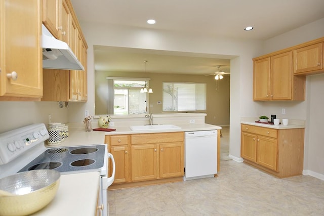 101 Ranch House Cv, Georgetown, TX 78633 - kitchen featuring white appliances, under cabinet range hood, a peninsula, ceiling fan, and light countertops