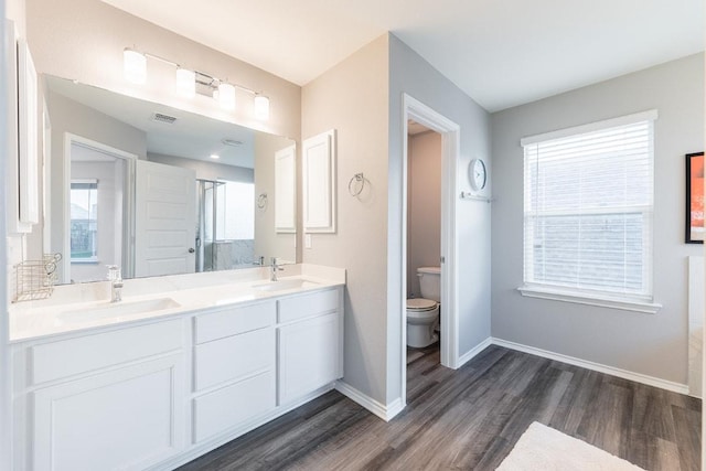 1805 Bogata Ln, Leander, TX 78641 - bathroom with wood finished floors, double vanity, an enclosed shower, and plenty of natural light