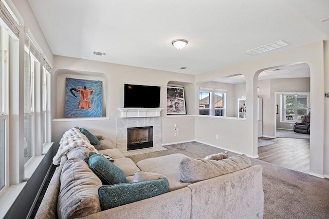 1805 Bogata Ln, Leander, TX 78641 - carpeted living room with arched walkways, plenty of natural light, and a fireplace