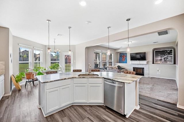 1805 Bogata Ln, Leander, TX 78641 - kitchen featuring stainless steel dishwasher, open floor plan, a high end fireplace, light stone countertops, and recessed lighting