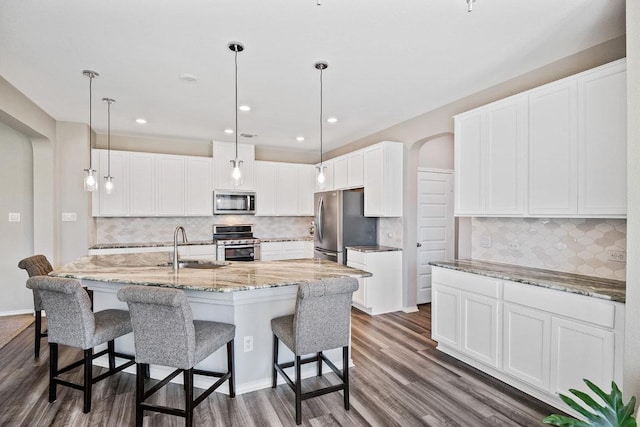 1805 Bogata Ln, Leander, TX 78641 - kitchen with stainless steel appliances, an island with sink, dark wood finished floors, white cabinets, and arched walkways