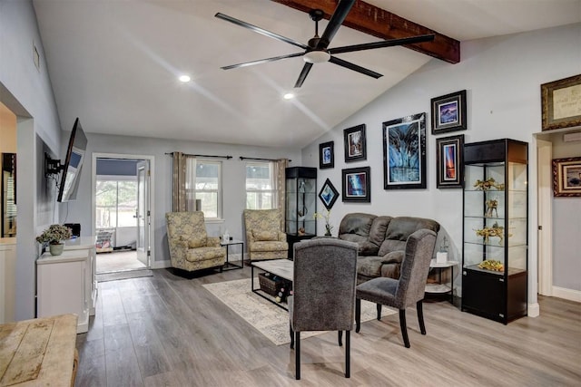 569 Mcallister Rd, Bastrop, TX 78602 - living room featuring light wood finished floors, beam ceiling, recessed lighting, a ceiling fan, and high vaulted ceiling